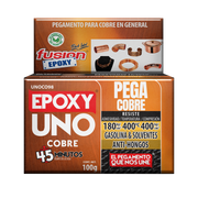 Epoxy Uno Cobre Fusion Epoxy en caja de 100 g, secado en 45 minutos, pegamento para cobre en general, resiste 180 kg/cm² de adhesividad, hasta 400 °C y 400 kg/cm² de compresión, resistente a gasolina y solventes