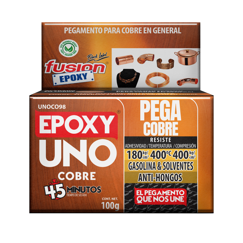 Epoxy Uno Cobre Fusion Epoxy en caja de 100 g, secado en 45 minutos, pegamento para cobre en general, resiste 180 kg/cm² de adhesividad, hasta 400 °C y 400 kg/cm² de compresión, resistente a gasolina y solventes