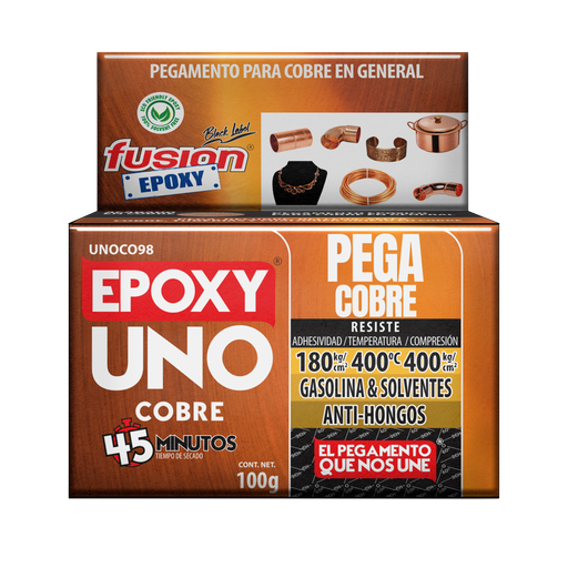 Epoxy Uno Cobre Fusion Epoxy en caja de 100 g, secado en 45 minutos, pegamento para cobre en general, resiste 180 kg/cm² de adhesividad, hasta 400 °C y 400 kg/cm² de compresión, resistente a gasolina y solventes