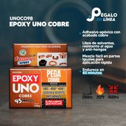 Infografía con características y beneficios de Epoxy Uno Cobre UNOCO98, adhesivo epóxico reforzado con cobre, resistente y conductivo.