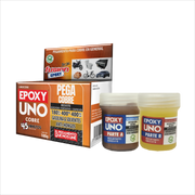 Imagen frontal de Epoxy Uno Cobre UNOCO98, adhesivo epóxico reforzado con partículas de cobre para reparaciones metálicas, fondo transparente.