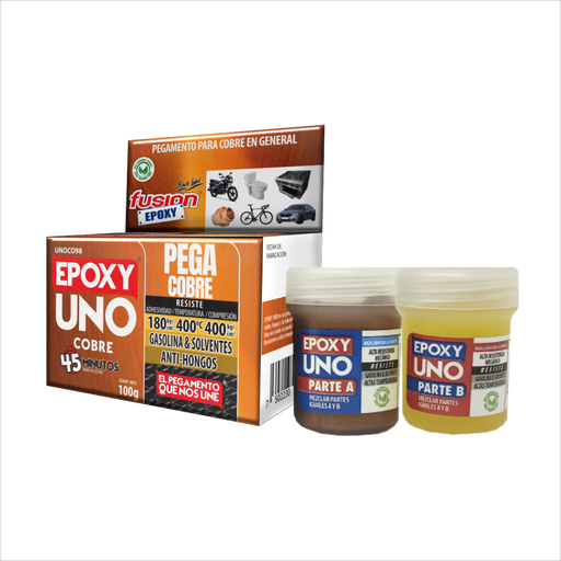 Imagen frontal de Epoxy Uno Cobre UNOCO98, adhesivo epóxico reforzado con partículas de cobre para reparaciones metálicas, fondo transparente.