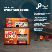 Infografía de características del Epoxy Uno Cobre UNOCO98 de Fusion Epoxy de 100 g: adhesivo epóxico con acabado cobre, libre de solventes, resistente al agua y anti-hongos, mezcla fácil en partes iguales, endurece en 45 minutos