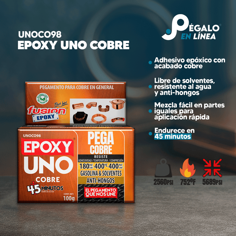 Infografía de características del Epoxy Uno Cobre UNOCO98 de Fusion Epoxy de 100 g: adhesivo epóxico con acabado cobre, libre de solventes, resistente al agua y anti-hongos, mezcla fácil en partes iguales, endurece en 45 minutos