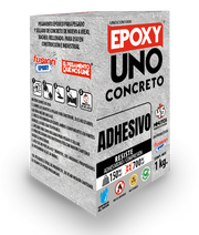 Caja del Epoxy Uno Concreto Fusion Epoxy de 1 kg en vista tres cuartos, adhesivo para concreto, resiste hasta 700 kg/cm² de compresión, resistente al agua, secado en 45 minutos