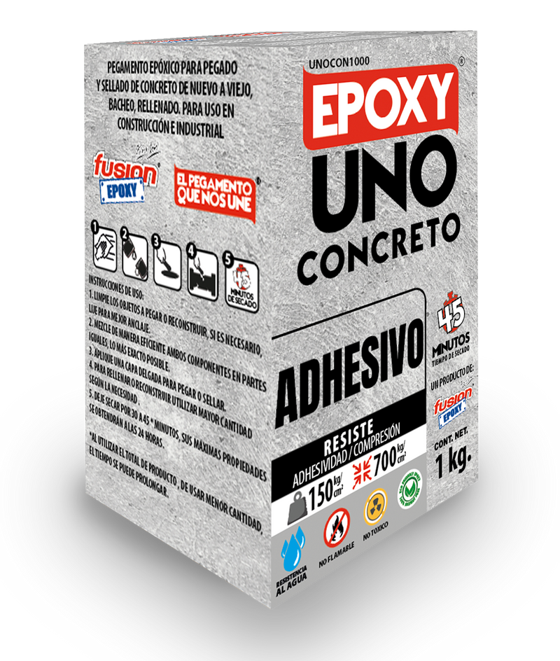 Caja del Epoxy Uno Concreto Fusion Epoxy de 1 kg en vista tres cuartos, adhesivo para concreto, resiste hasta 700 kg/cm² de compresión, resistente al agua, secado en 45 minutos