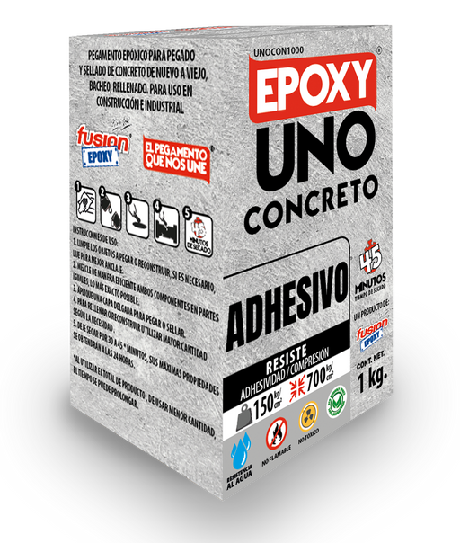 Caja del Epoxy Uno Concreto Fusion Epoxy de 1 kg en vista tres cuartos, adhesivo para concreto, resiste hasta 700 kg/cm² de compresión, resistente al agua, secado en 45 minutos