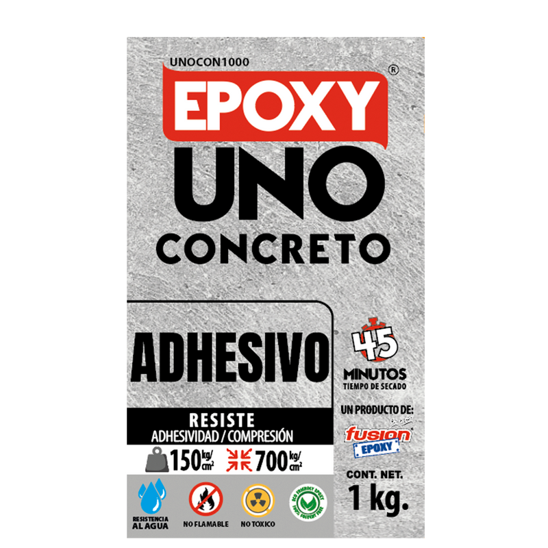 Epoxy Uno Concreto Fusion Epoxy en caja de 1 kg, adhesivo de secado en 45 minutos, resiste 150 kg/cm² de adhesividad y 700 kg/cm² de compresión, resistente al agua, no flamable y no tóxico