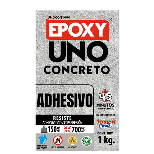 Epoxy Uno Concreto Fusion Epoxy en caja de 1 kg, adhesivo de secado en 45 minutos, resiste 150 kg/cm² de adhesividad y 700 kg/cm² de compresión, resistente al agua, no flamable y no tóxico