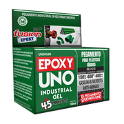Vista lateral de la caja del Epoxy Uno Industrial Gel Fusion Epoxy de 100 ml con código de barras, pegamento en gel para plásticos rígidos y tuberías, resiste hasta 400 °C, para hogar, taller e industria
