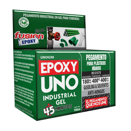 Vista lateral de la caja del Epoxy Uno Industrial Gel Fusion Epoxy de 100 ml con código de barras, pegamento en gel para plásticos rígidos y tuberías, resiste hasta 400 °C, para hogar, taller e industria