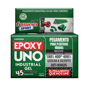 Epoxy Uno Industrial Gel Fusion Epoxy en caja de 100 ml, secado en 45 minutos, pegamento industrial en gel para tuberías y plásticos rígidos, resiste 180 kg/cm² de adhesividad, hasta 400 °C y 400 kg/cm² de compresión, resistente a gasolina y solventes