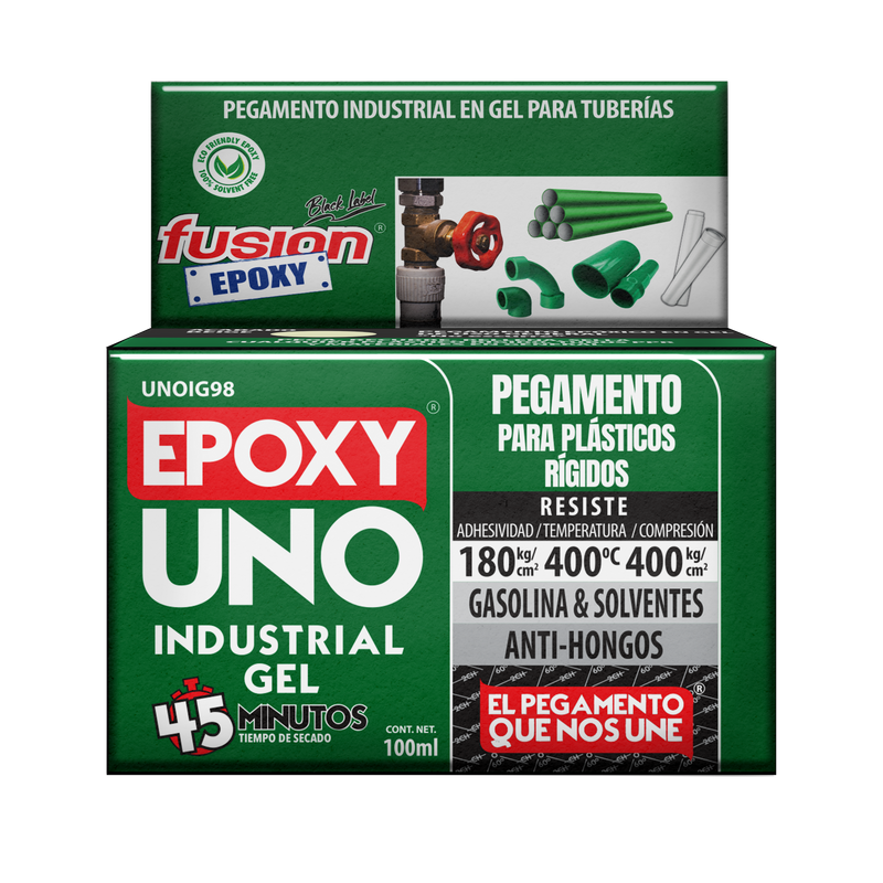 Epoxy Uno Industrial Gel Fusion Epoxy en caja de 100 ml, secado en 45 minutos, pegamento industrial en gel para tuberías y plásticos rígidos, resiste 180 kg/cm² de adhesividad, hasta 400 °C y 400 kg/cm² de compresión, resistente a gasolina y solventes