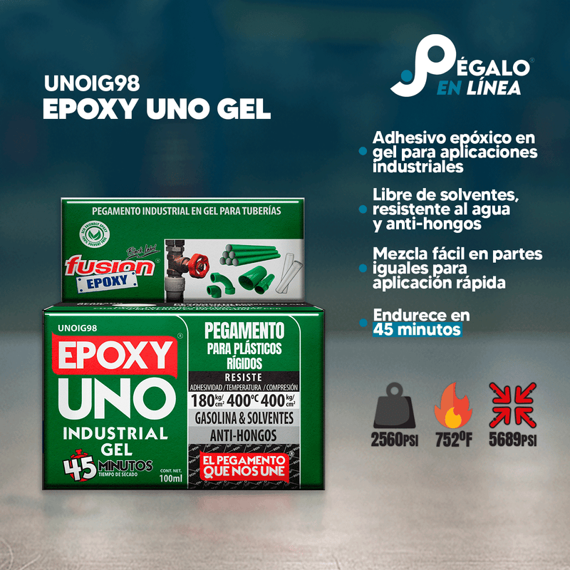 Infografía de características del Epoxy Uno Industrial Gel UNOIG98 de Fusion Epoxy de 100 ml: adhesivo epóxico en gel para aplicaciones industriales, libre de solventes, resistente al agua y anti-hongos, mezcla fácil en partes iguales, endurece en 45 minutos