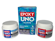 Epoxy Uno Marine Fusion Epoxy de 1 kg con caja y tarros Parte A y Parte B, bicomponente que se mezcla en partes iguales, pega bajo el agua y en condiciones húmedas, resiste 180 kg/cm² de adhesividad, hasta 600 °C y 600 kg/cm² de compresión, resistente a gasolina y solventes