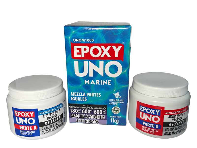Epoxy Uno Marine Fusion Epoxy de 1 kg con caja y tarros Parte A y Parte B, bicomponente que se mezcla en partes iguales, pega bajo el agua y en condiciones húmedas, resiste 180 kg/cm² de adhesividad, hasta 600 °C y 600 kg/cm² de compresión, resistente a gasolina y solventes