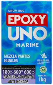 Epoxy Uno Marine Fusion Epoxy de 1 kg, presentación industrial con caja y tarros Parte A y Parte B, mezcla en partes iguales, pega bajo el agua y en condiciones húmedas, resiste hasta 600 °C, secado en 45 minutos