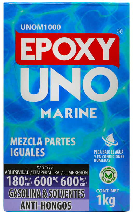 Epoxy Uno Marine Fusion Epoxy de 1 kg, presentación industrial con caja y tarros Parte A y Parte B, mezcla en partes iguales, pega bajo el agua y en condiciones húmedas, resiste hasta 600 °C, secado en 45 minutos