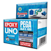Caja del Epoxy UNO Marine Fusion Epoxy de 100 g en vista de tres caras, pega bajo el agua, secado en 45 minutos, resiste adhesividad 180 kg/cm², temperatura 600 °C y compresión 600 kg/cm², resistente a gasolina, solventes y hongos