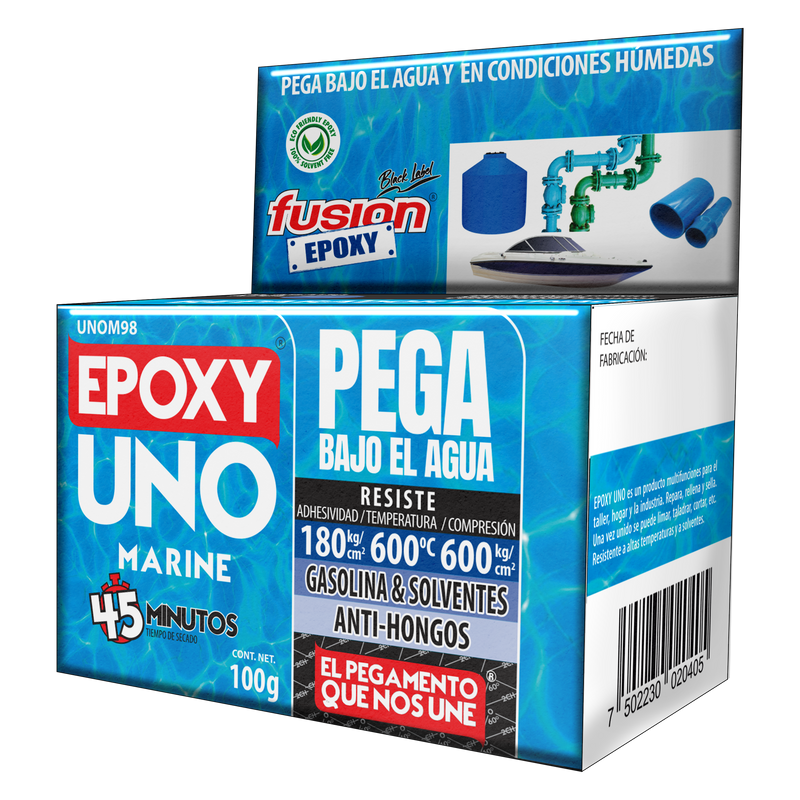 Caja del Epoxy UNO Marine Fusion Epoxy de 100 g en vista de tres caras, pega bajo el agua, secado en 45 minutos, resiste adhesividad 180 kg/cm², temperatura 600 °C y compresión 600 kg/cm², resistente a gasolina, solventes y hongos
