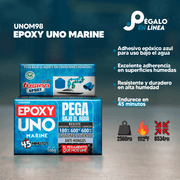Infografía con características y beneficios de Epoxy Uno Marine UNOM98, adhesivo resistente al agua, fuerza de unión 2560 PSI y compresión 8534 PSI.