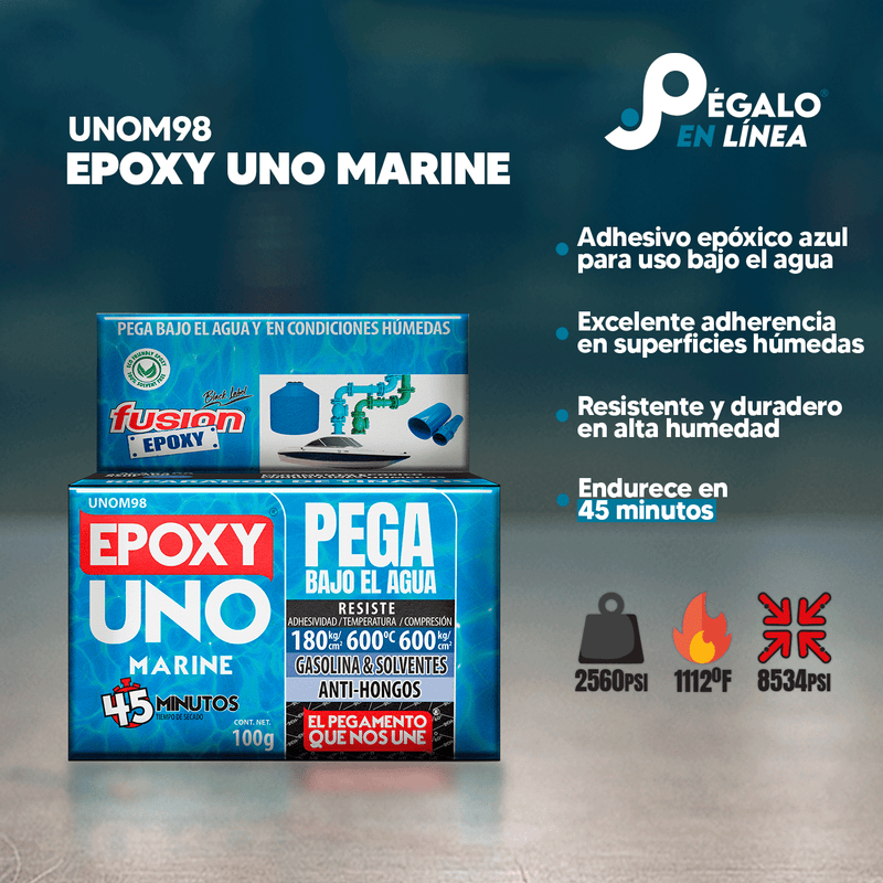 Infografía con características y beneficios de Epoxy Uno Marine UNOM98, adhesivo resistente al agua, fuerza de unión 2560 PSI y compresión 8534 PSI.