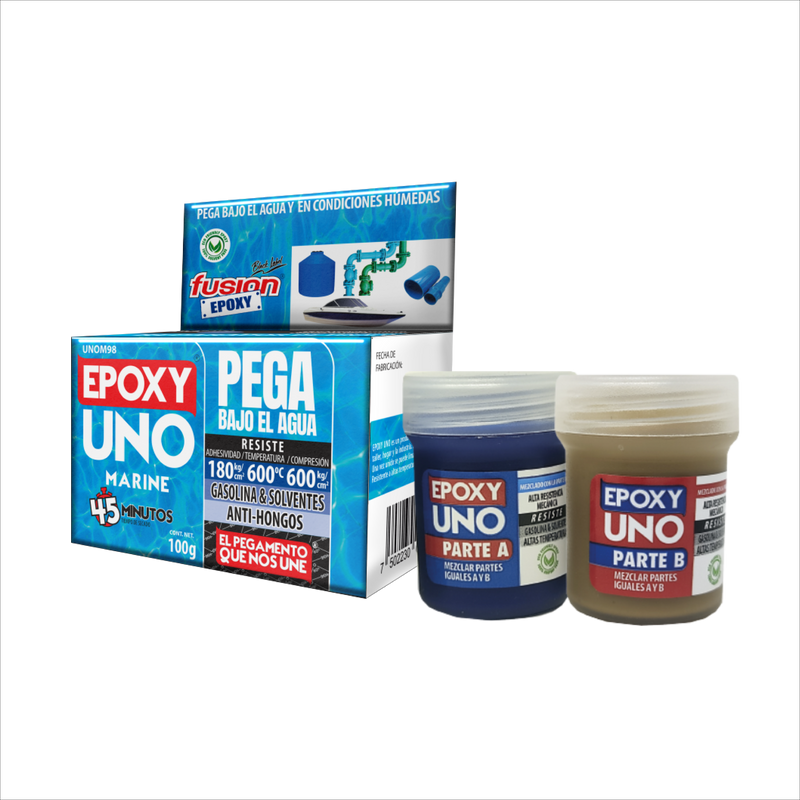 Imagen frontal de Epoxy Uno Marine UNOM98, adhesivo epóxico de alto rendimiento, resistente al agua y adecuado para reparaciones marinas y exteriores, fondo transparente.