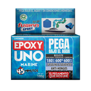 Epoxy UNO Marine Fusion Epoxy de 100 g, pega bajo el agua y en condiciones húmedas, secado en 45 minutos, resiste adhesividad 180 kg/cm², temperatura 600 °C y compresión 600 kg/cm², ideal para reparar tinacos y tuberías