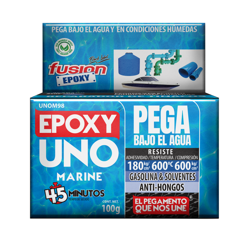 Epoxy UNO Marine Fusion Epoxy de 100 g, pega bajo el agua y en condiciones húmedas, secado en 45 minutos, resiste adhesividad 180 kg/cm², temperatura 600 °C y compresión 600 kg/cm², ideal para reparar tinacos y tuberías