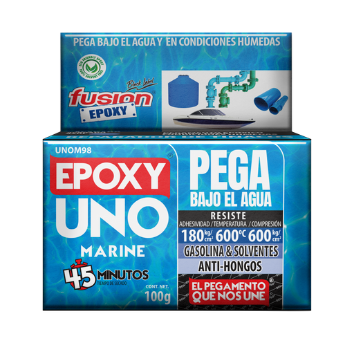 Epoxy UNO Marine Fusion Epoxy de 100 g, pega bajo el agua y en condiciones húmedas, secado en 45 minutos, resiste adhesividad 180 kg/cm², temperatura 600 °C y compresión 600 kg/cm², ideal para reparar tinacos y tuberías