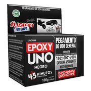 Caja del Epoxy UNO Negro Fusion Epoxy de 100 g en vista de tres caras con instrucciones de uso, pegamento de uso general, secado en 45 minutos, resiste adhesividad 150 kg/cm², temperatura 600 °C y compresión 700 kg/cm²