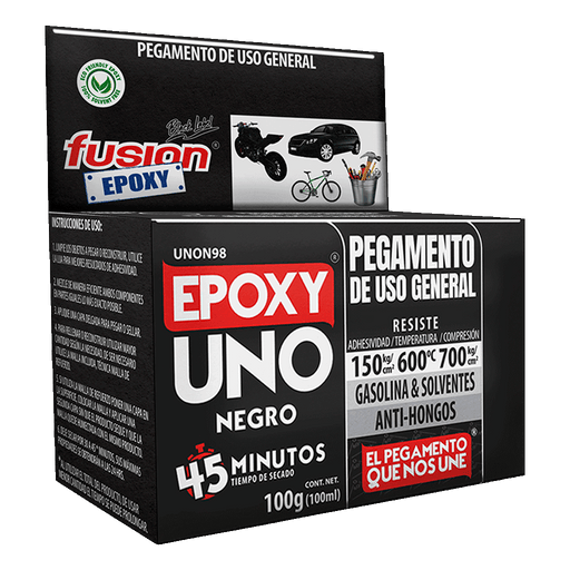 Caja del Epoxy UNO Negro Fusion Epoxy de 100 g en vista de tres caras con instrucciones de uso, pegamento de uso general, secado en 45 minutos, resiste adhesividad 150 kg/cm², temperatura 600 °C y compresión 700 kg/cm²