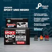 Infografía de características del Epoxy UNO Negro UNON98 de Fusion Epoxy de 100 g: adhesivo epóxico con acabado negro, excelente adherencia en metal, cerámica y madera, endurece en 45 minutos, resistencia 2134 PSI y hasta 1112 °F