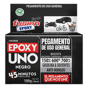 Caja del Epoxy UNO Negro Fusion Epoxy de 100 g, pegamento de uso general, secado en 45 minutos, resiste adhesividad 150 kg/cm², temperatura 600 °C y compresión 700 kg/cm², resistente a gasolina, solventes y hongos, ideal para automóviles, motos, bicicletas y taller