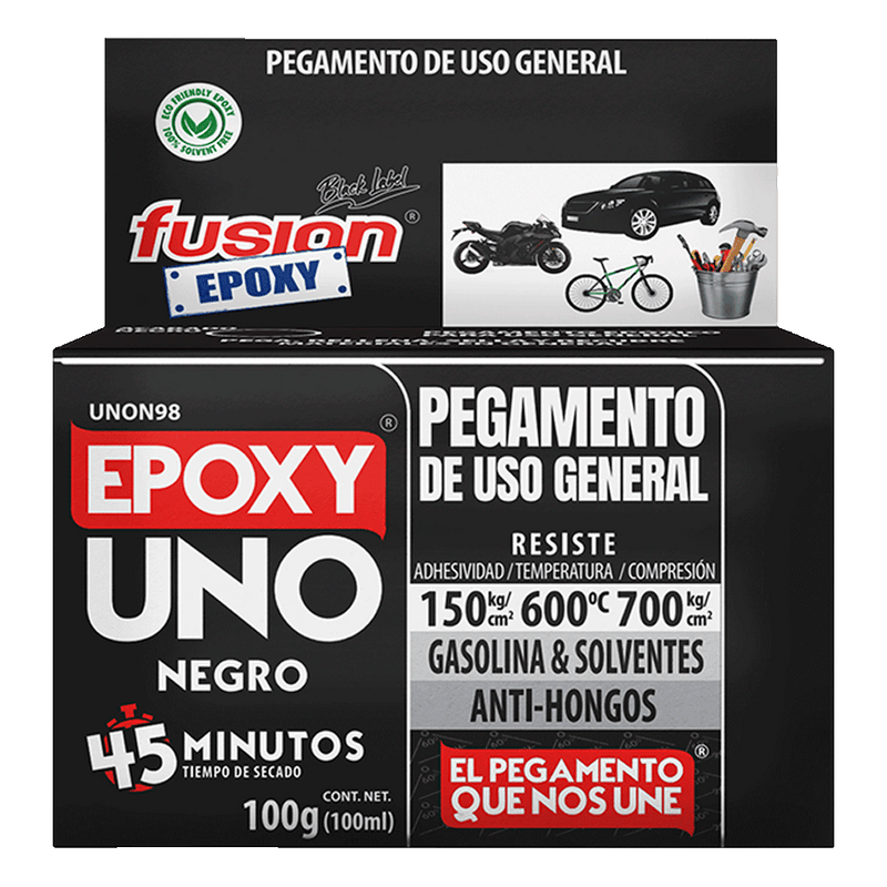 Caja del Epoxy UNO Negro Fusion Epoxy de 100 g, pegamento de uso general, secado en 45 minutos, resiste adhesividad 150 kg/cm², temperatura 600 °C y compresión 700 kg/cm², resistente a gasolina, solventes y hongos, ideal para automóviles, motos, bicicletas y taller