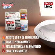 Epoxy Uno Uso General adhesivo epóxico con fuerza de unión de 2560 PSI, fuerza de compresión de 5689 PSI y resistencia a 752°F.