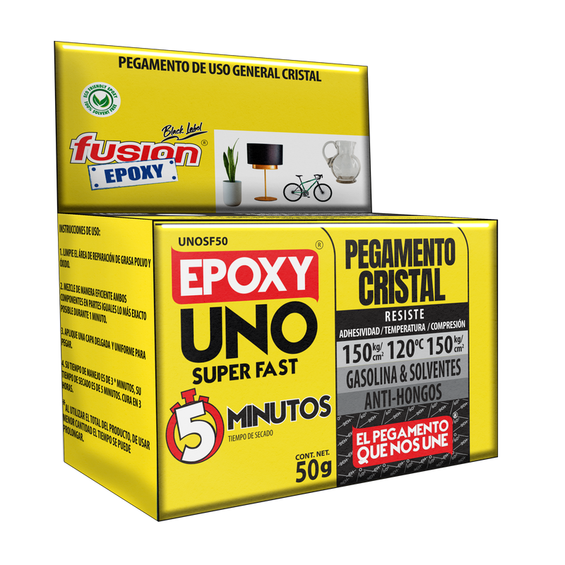 Vista lateral de la caja del Epoxy Uno Super Fast Fusion Epoxy de 50 g con código de barras, pegamento de uso general cristal, resiste hasta 120 °C, para hogar, taller e industria