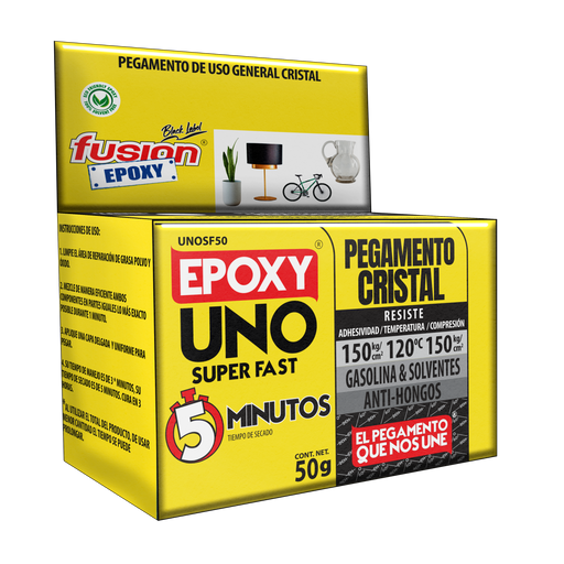 Vista lateral de la caja del Epoxy Uno Super Fast Fusion Epoxy de 50 g con código de barras, pegamento de uso general cristal, resiste hasta 120 °C, para hogar, taller e industria