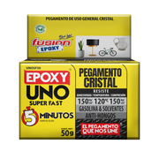 Epoxy Uno Super Fast Fusion Epoxy en caja de 50 g, secado en 5 minutos, pegamento de uso general cristal, resiste 150 kg/cm² de adhesividad, hasta 120 °C y 150 kg/cm² de compresión, resistente a gasolina y solventes