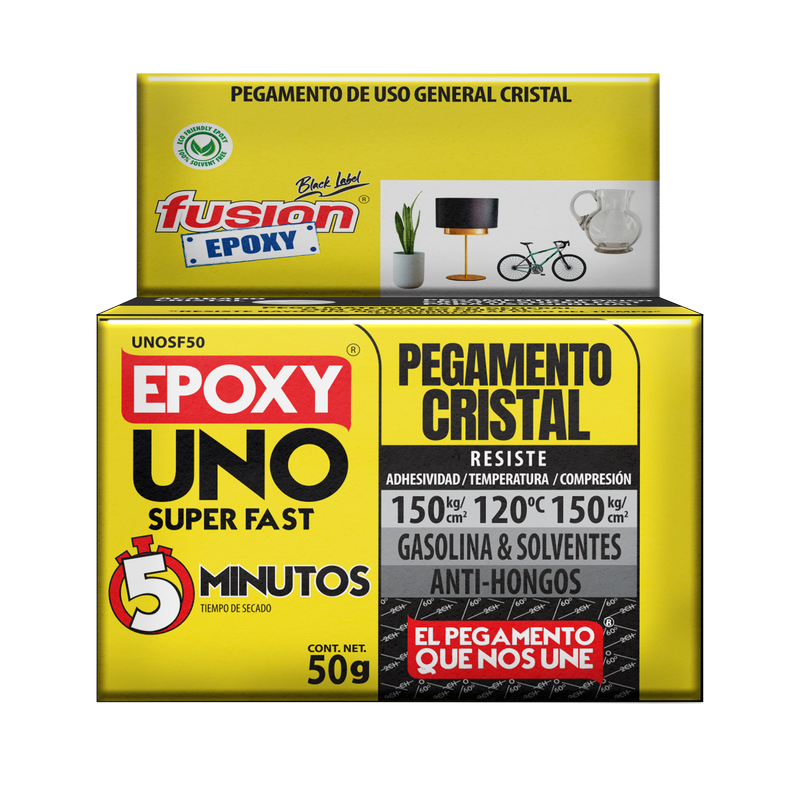 Epoxy Uno Super Fast Fusion Epoxy en caja de 50 g, secado en 5 minutos, pegamento de uso general cristal, resiste 150 kg/cm² de adhesividad, hasta 120 °C y 150 kg/cm² de compresión, resistente a gasolina y solventes