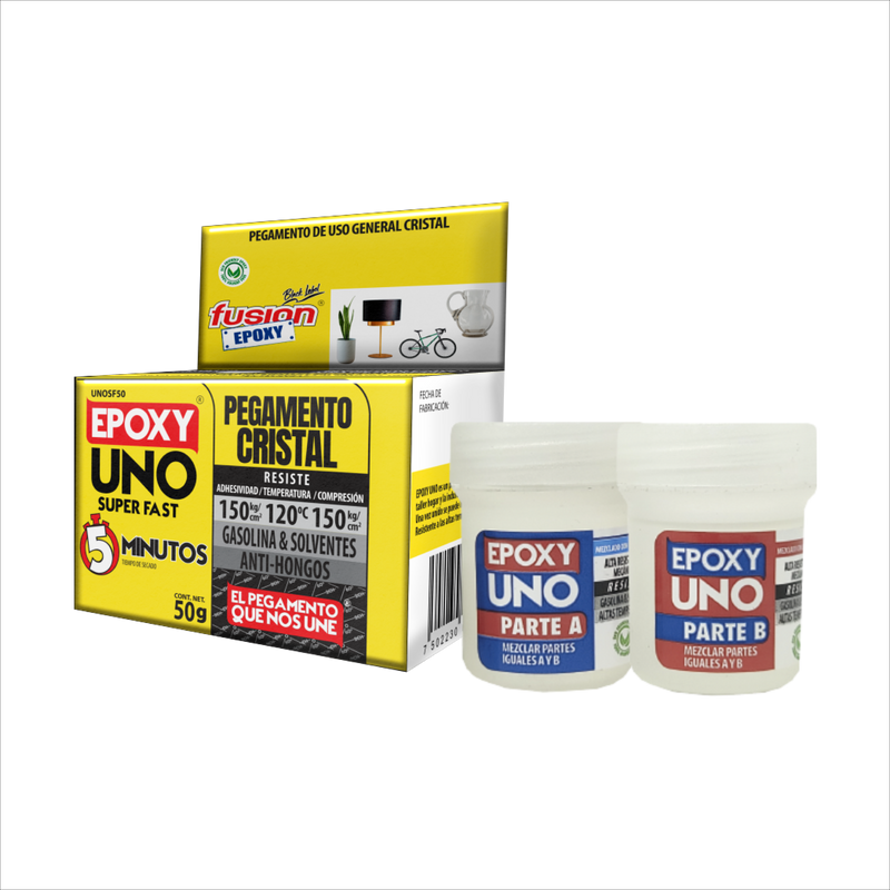Imagen frontal de Epoxy Uno Super Fast 5 Minutos UNOSF50, adhesivo epóxico transparente de secado rápido, fondo transparente.