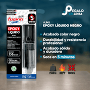 Infografía con las características del pegamento epoxy líquido AJN5, jeringa epóxica negra de secado rápido y alta resistencia.