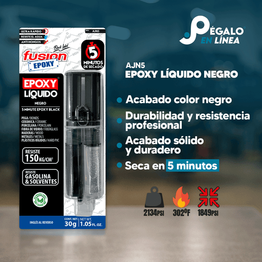 Infografía con las características del pegamento epoxy líquido AJN5, jeringa epóxica negra de secado rápido y alta resistencia.