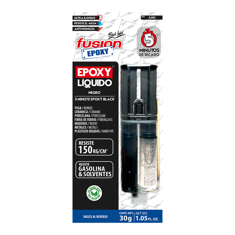 Jeringa Epóxica Negra AJN5 sin fondo, pegamento epoxy líquido de secado rápido para metales, cerámica y madera.