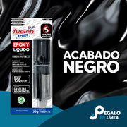 Jeringa epóxica negra AJN5 reparando metal con epoxy líquido de secado rápido