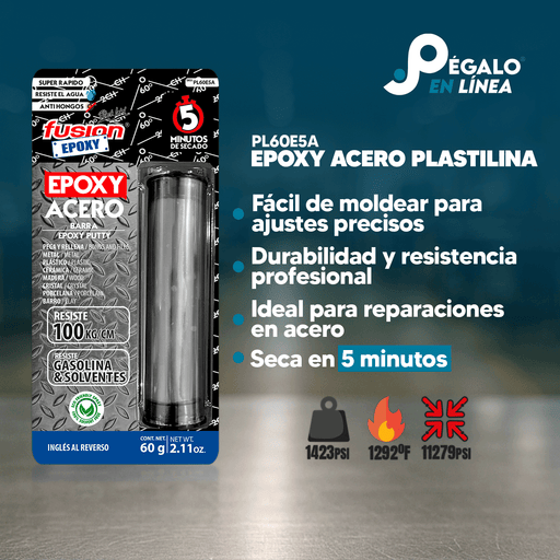Infografía con características y beneficios de PL60E5A Plastilina Epóxica Acero 60 g, adhesión superior, secado rápido, fuerza de unión 1423 PSI, compresión 11379 PSI, temperatura 1292°F.