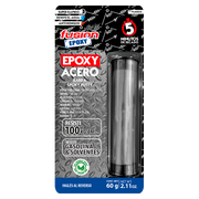 Imagen frontal de PL60E5A Plastilina Epóxica Acero 60 g, adhesivo moldeable con cargas de acero, fondo transparente, fuerza de unión 1423 PSI, compresión 11379 PSI, temperatura máxima 1292°F.