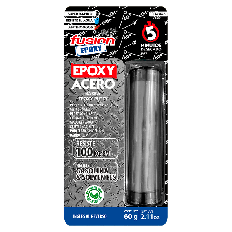 Imagen frontal de PL60E5A Plastilina Epóxica Acero 60 g, adhesivo moldeable con cargas de acero, fondo transparente, fuerza de unión 1423 PSI, compresión 11379 PSI, temperatura máxima 1292°F.