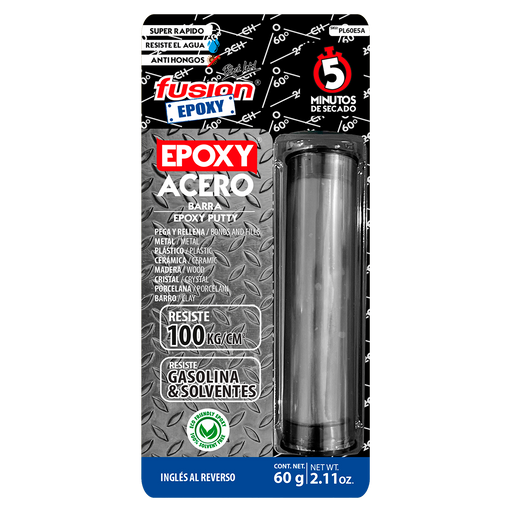 Imagen frontal de PL60E5A Plastilina Epóxica Acero 60 g, adhesivo moldeable con cargas de acero, fondo transparente, fuerza de unión 1423 PSI, compresión 11379 PSI, temperatura máxima 1292°F.