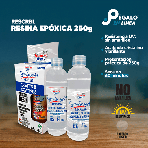 Infografía con características y beneficios de RESCRBL Resina Epóxica Cristal 250 g (Parte A y B, 125 g c/u), resina transparente, resistente a rayos UV y que no amarillea.